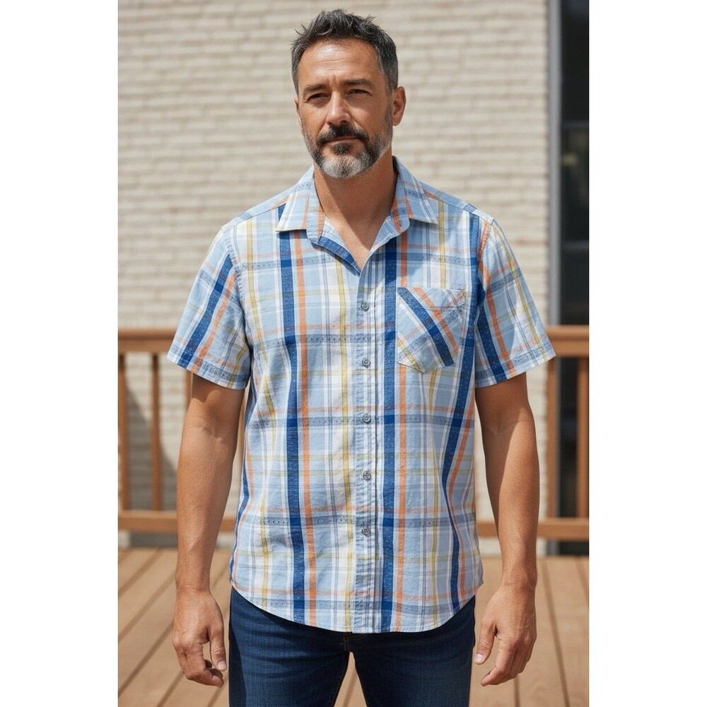 Club Room Men’s Large Multicolor Plaid Short Sleeve Button Shirt 100% Cotton